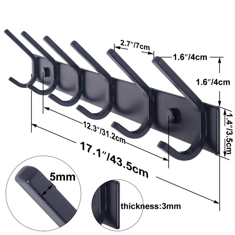 WEBI Coat Rack Wall Mounted,17-1/8 Inch Coat Hooks for Hanging Coats,Heavy Duty Metal Hook Rack Rail with 6 Double Dual Hooks Coat Hanger Wall Mount for Clothes Jacket,Black,2 Packs - Image 2